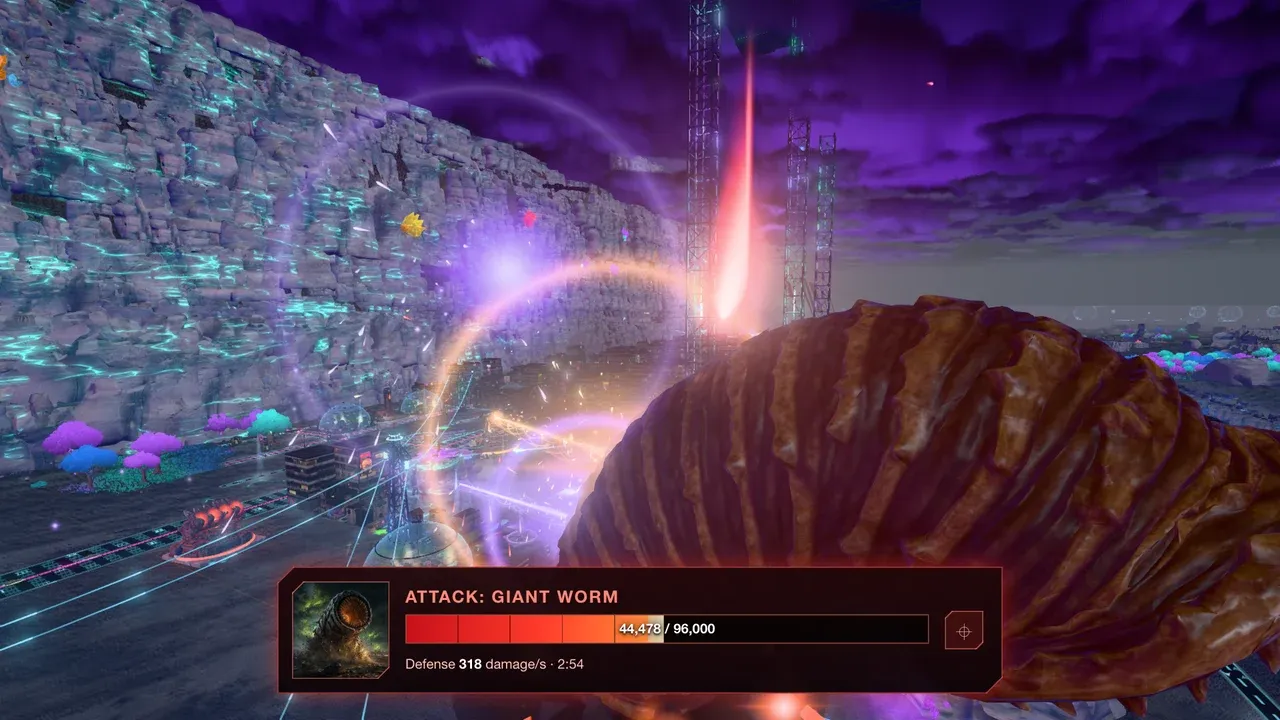 The giant worm attacks, the box shows its health and your damage